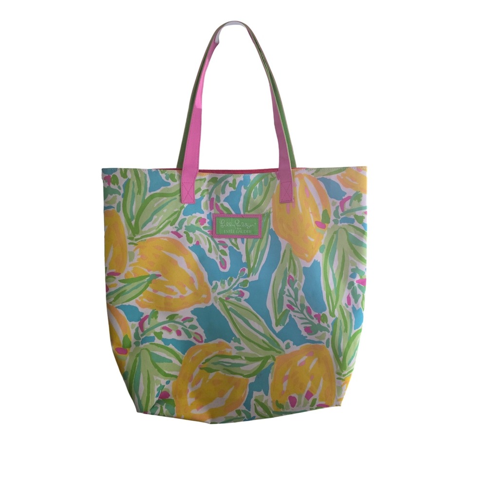 Lilly Pulitzer for Estee Lauder Tote Bag Lemon Print Blue Pink Green